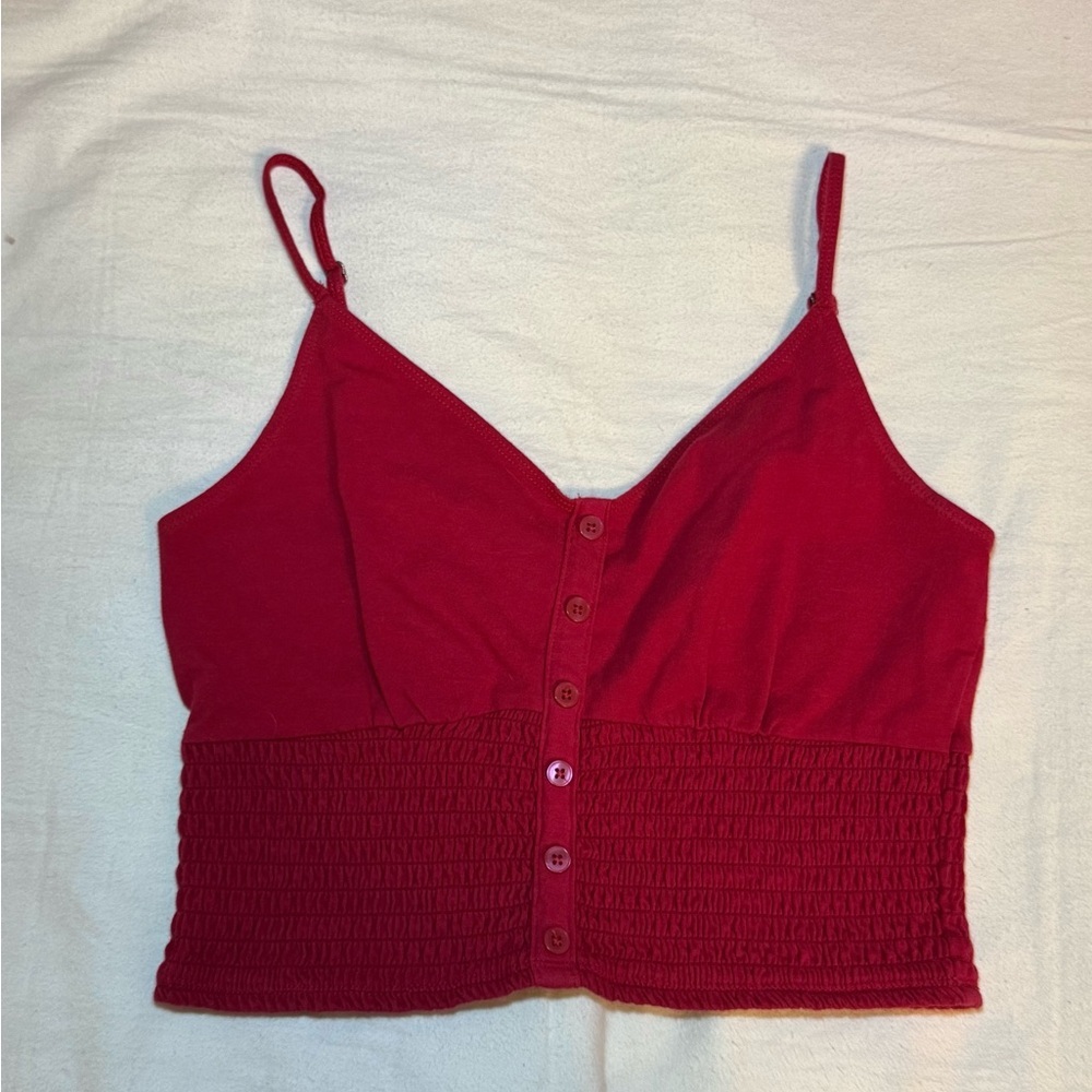 Hollister Womens Red Smocked Button Front Cami Crop Top Size M Adjustable Straps